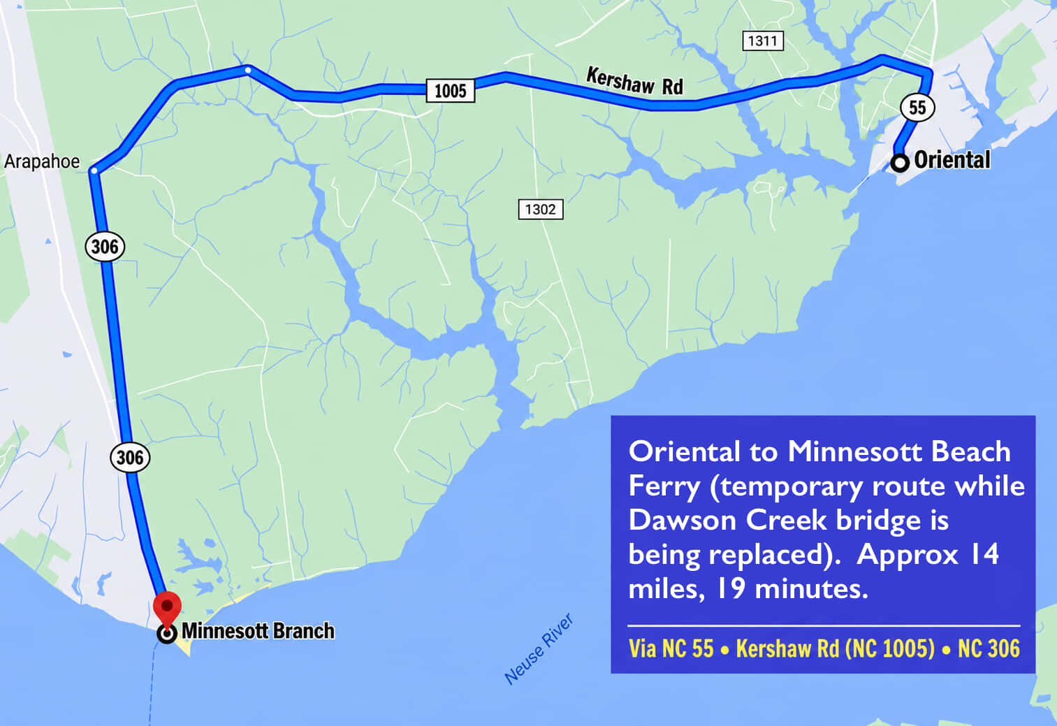 map showing the route to the ferry terminal